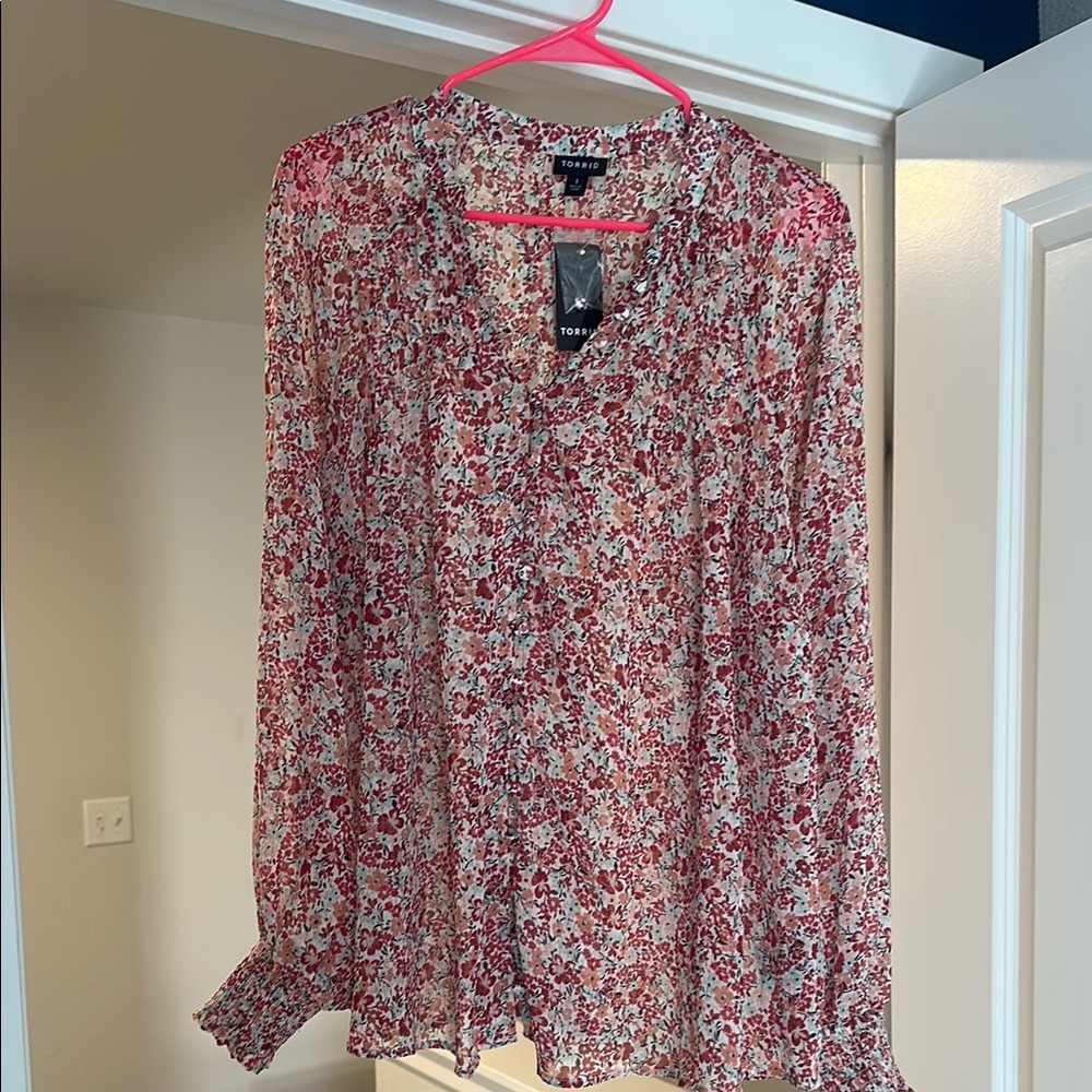 Torrid Pink and White Ruffled Long Sleeve Blouse
